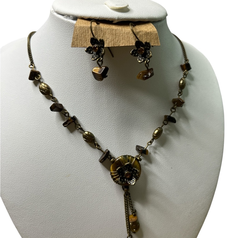 167 NINA RICCI VINTAGE NATURAL TIGER'S EYE & RHINESTONE EARRINGS & NECKLACE